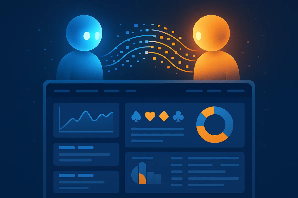 Two AI agents exchanging player data streams above a casino CRM dashboard