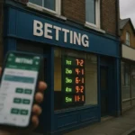 A UK high street betting shop window with a betting app on a phone in the foreground
