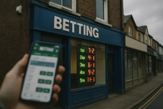 A UK high street betting shop window with a betting app on a phone in the foreground