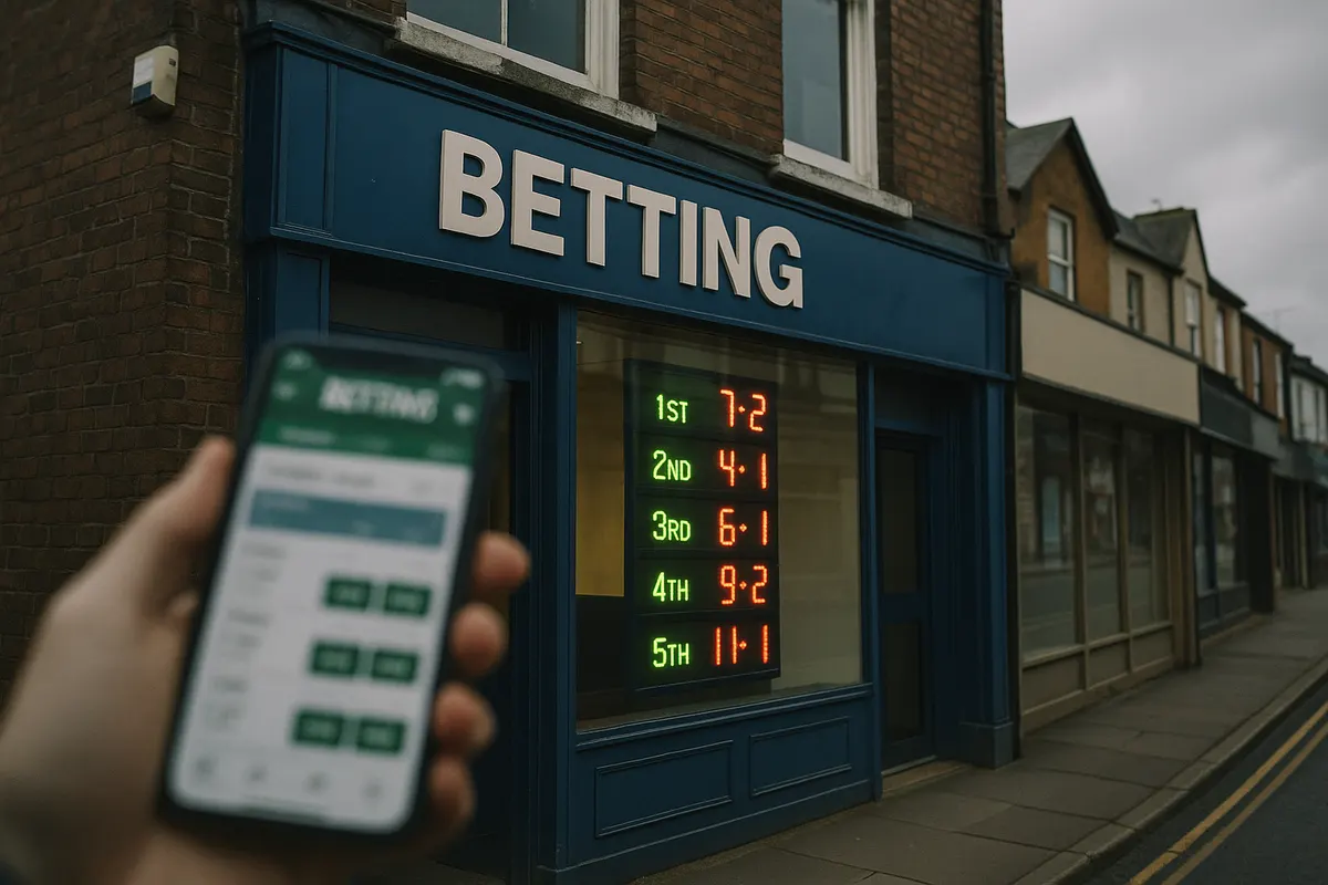 A UK high street betting shop window with a betting app on a phone in the foreground