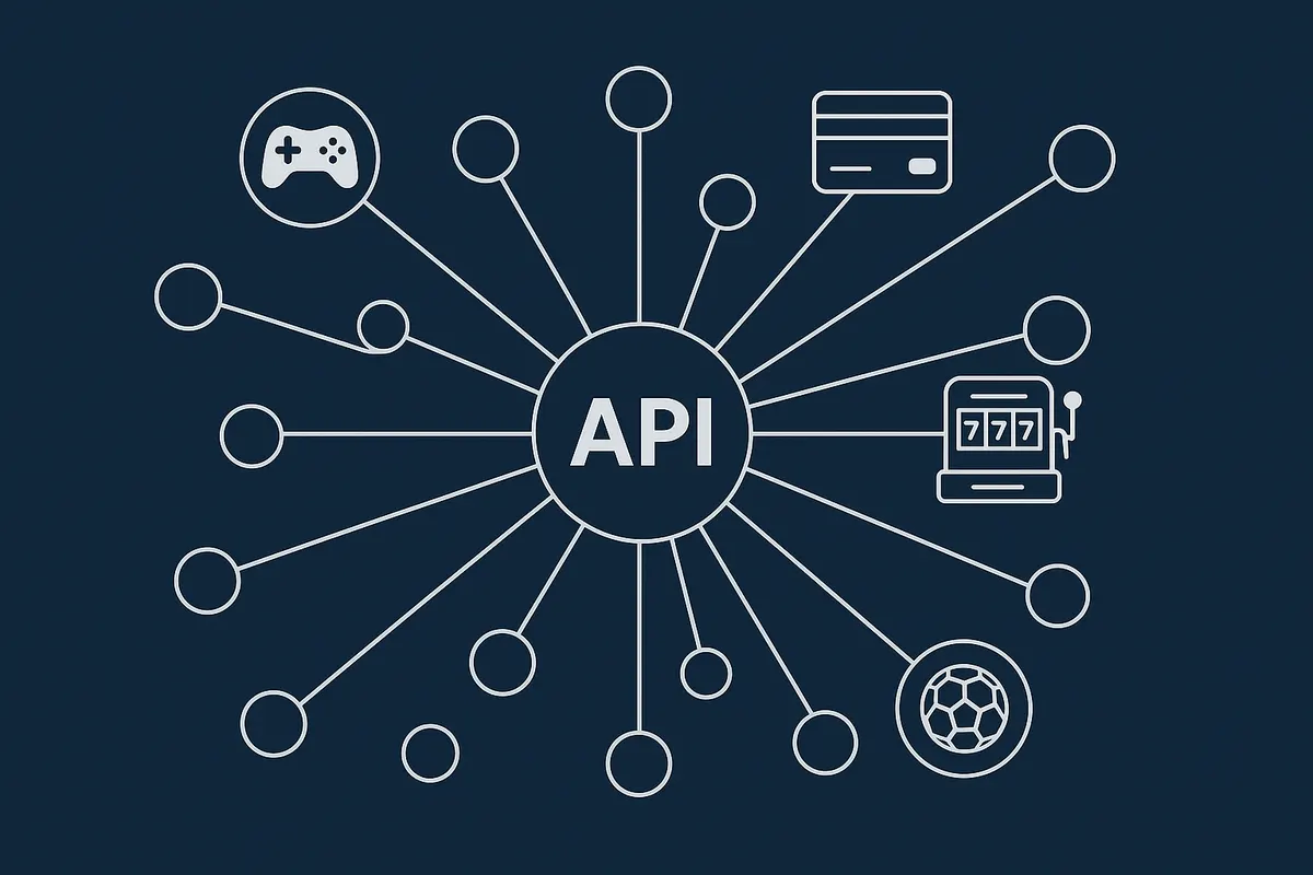 Diagram-style illustration of an aggregation hub connecting game, payment and sportsbook content to a casino platform
