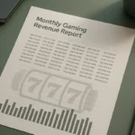 Printed monthly casino revenue report with figures and a bar chart on a desk