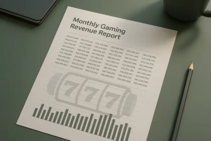 Printed monthly casino revenue report with figures and a bar chart on a desk