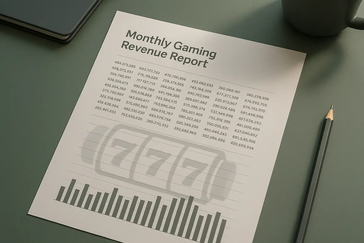 Printed monthly casino revenue report with figures and a bar chart on a desk