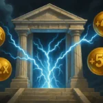 Greek temple gates with lightning and floating multiplier orbs representing a Zeus-themed slot sequel