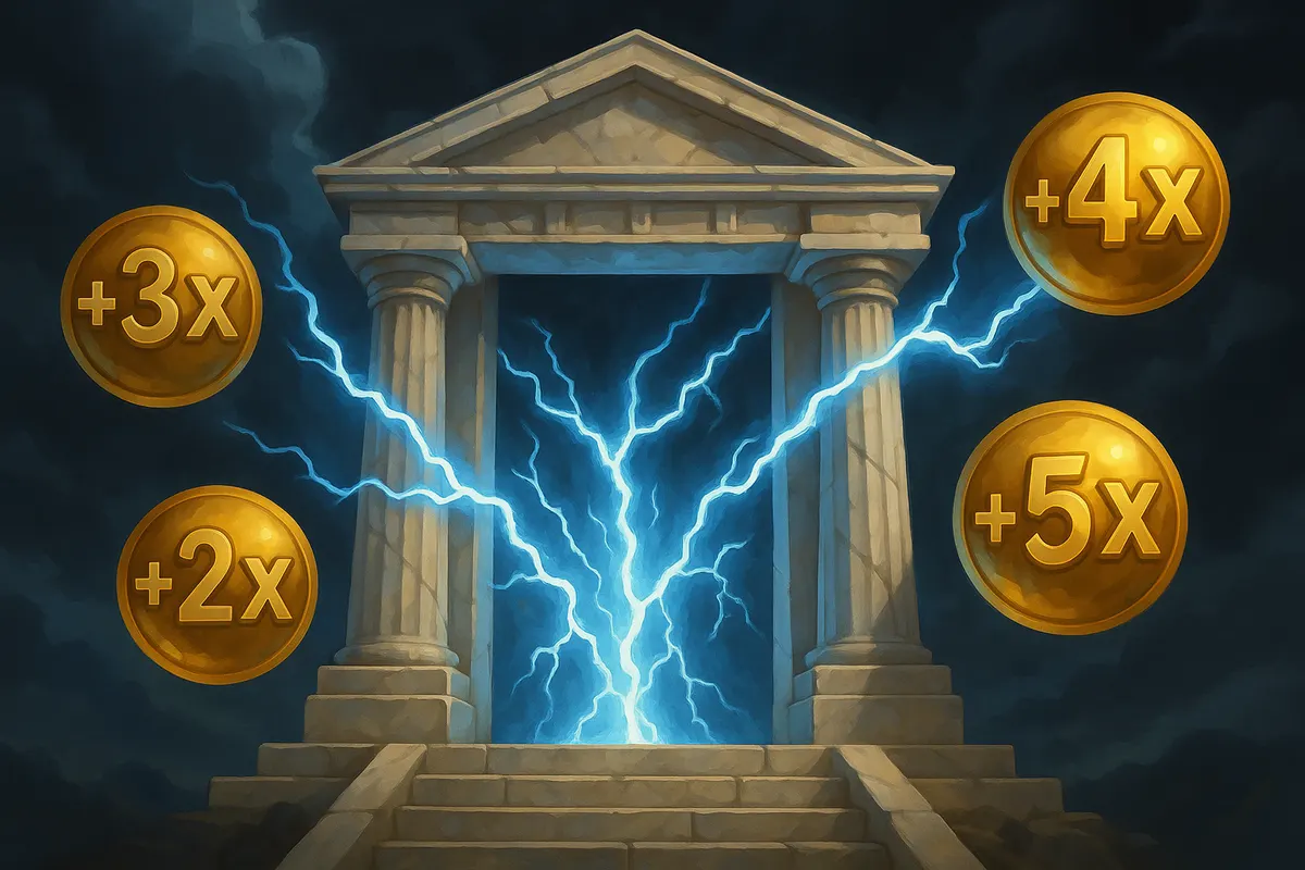 Greek temple gates with lightning and floating multiplier orbs representing a Zeus-themed slot sequel