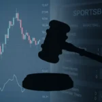 Trading screen and sportsbook interface split by a gavel, illustrating prediction markets versus online betting regulation
