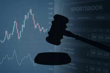 Trading screen and sportsbook interface split by a gavel, illustrating prediction markets versus online betting regulation