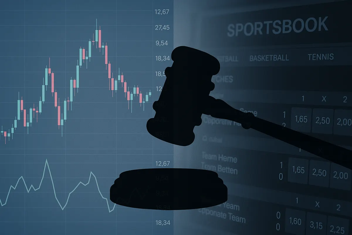 Trading screen and sportsbook interface split by a gavel, illustrating prediction markets versus online betting regulation