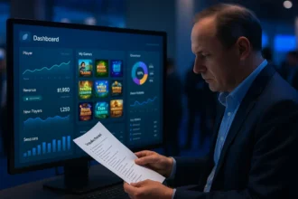 Operator reviewing a platform demo and integration checklist at an iGaming trade show